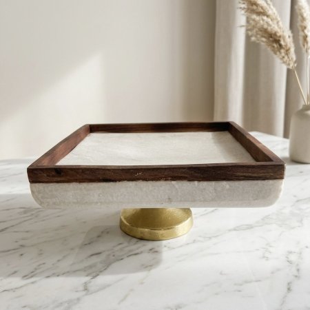 ستاند تقديم مربع بإطار خشب هندي وسطح رخامي بقاعدة ذهبية