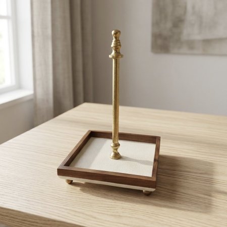 ستاند حامل محارم بقاعدة مربعة رخام وإطار خشب هندي مع عمود معدني ذهبي