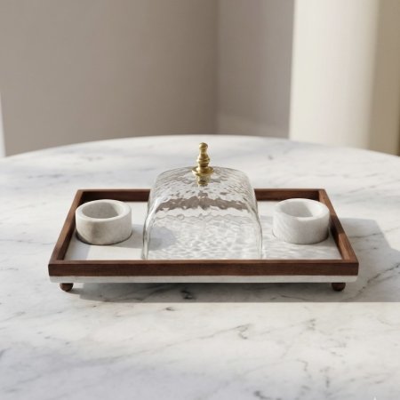 طقم تقديم مستطيلة بقاعدة رخامية وغطاء زجاجي مع ٢ متكة صغيرة وإطار خشب هندي