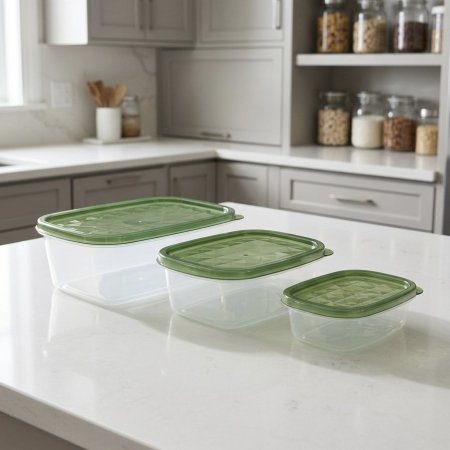 طقم علب طعام بلاستيك ثلاث قطع بأحجام مختلفة بأغطية خضراء