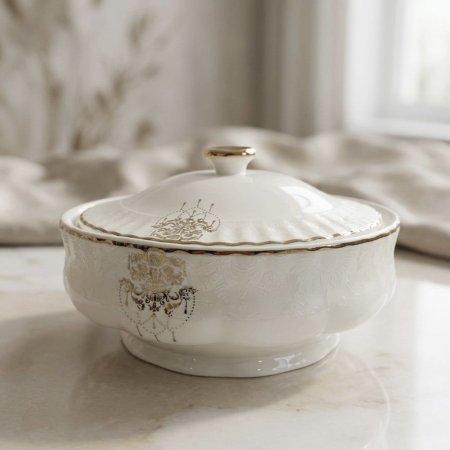 طبق تقديم بغطاء بورسلان بلون أبيض عاجي ملكي وزخارف ذهبية