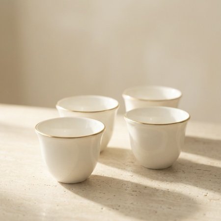 طقم فناجين قهوة سادة بورسلان ابيض وحافة ذهبية