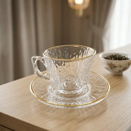 طقم فناجين شاي زجاج بنقشة كريستال مع حافة ذهبية