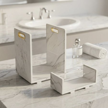 سلة مهملات وعلبة محارم أنيقة مصنوعة من الأكريليك والخشب مع مظهر رخامي