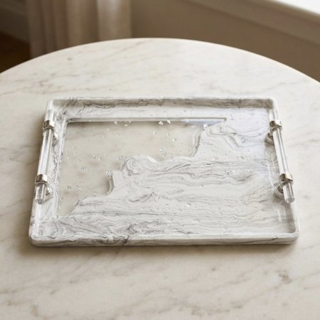 صينية تقديم مستطيلة بتصميم رخامي بلون أبيض ورمادي بيد جانبية اكريليك