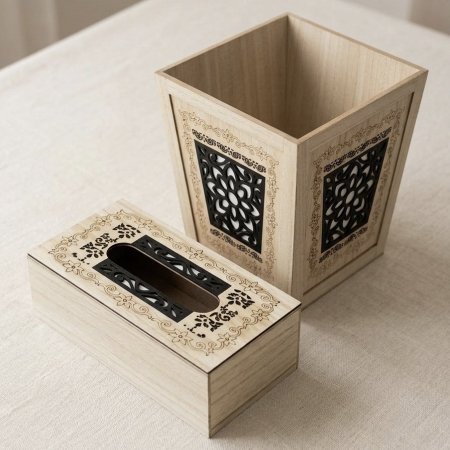 طقم سلة مهملات وعلبة محارم خشب مزخرف بنقوش CNC مفرغة