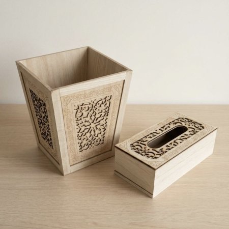 طقم سلة مهملات وعلبة محارم خشب مزخرف بنقوش CNC مفرغة