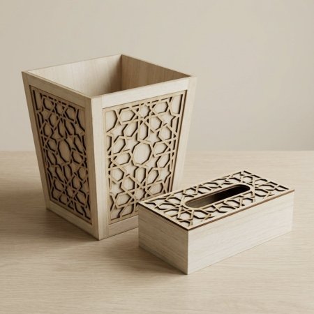 طقم سلة مهملات وعلبة محارم خشب مزخرف بنقوش CNC مفرغة