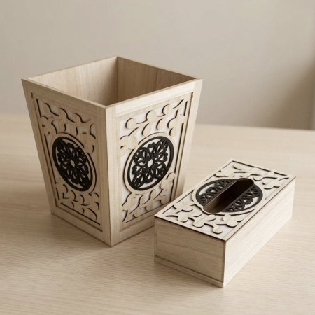 طقم سلة مهملات وعلبة محارم خشب مزخرف بنقوش CNC مفرغة