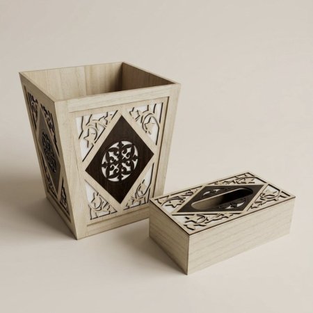 طقم سلة مهملات وعلبة محارم خشب مزخرف بنقوش CNC مفرغة
