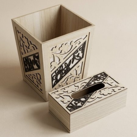 طقم سلة مهملات وعلبة محارم خشب مزخرف بنقوش CNC مفرغة