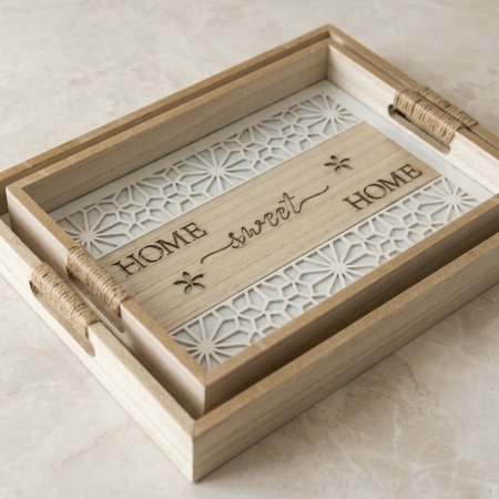 طقم صواني تقديم خشبية بنقوش CNC وقاعدة أكريليك