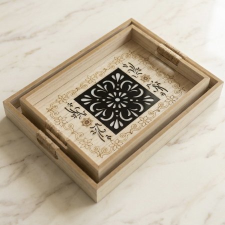 طقم صواني تقديم خشبية بنقوش CNC وقاعدة أكريليك