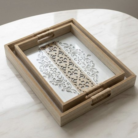 طقم صواني تقديم خشبية بنقوش CNC وقاعدة أكريليك