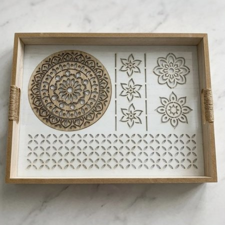 طقم صواني تقديم خشبية بنقوش CNC وقاعدة أكريليك