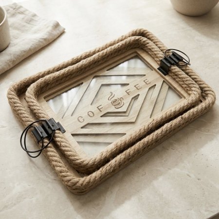 طقم صواني تقديم خشبية بتصميم ريفي مع حبال ويد معدنية دائرية