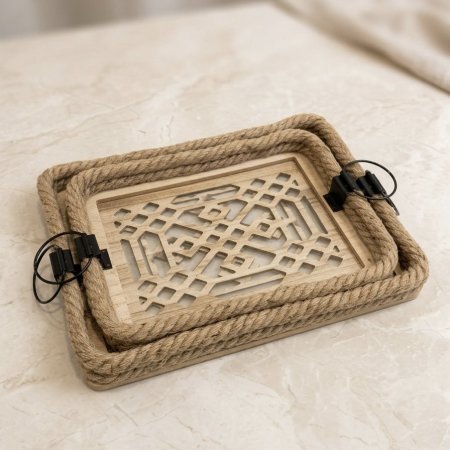 طقم صواني تقديم خشبية بتصميم ريفي مع حبال ويد معدنية دائرية