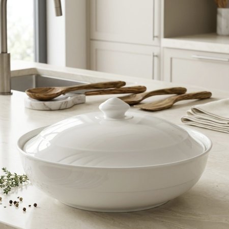 وعاء تقديم عميق بورسلان ابيض مع غطاء