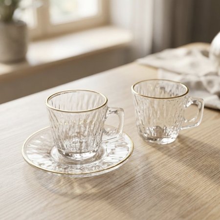 طقم فناجين قهوة زجاج بنقشة كريستال مع حافة ذهبية