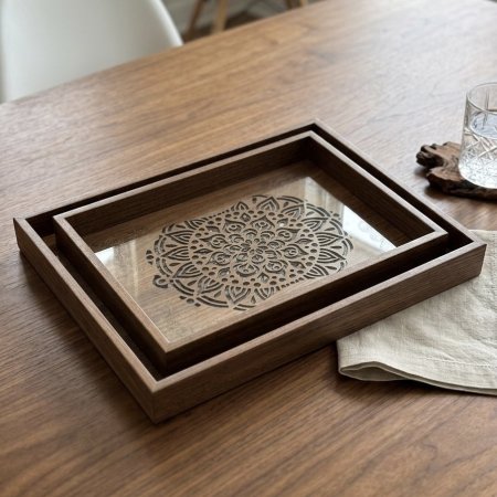 طقم صواني تقديم خشبية بتصميم أرابيسك