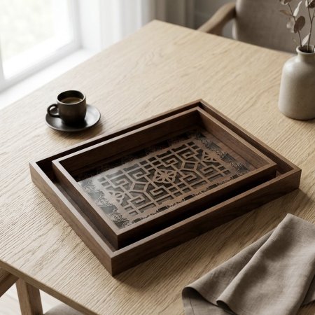 طقم صواني تقديم خشبية بتصميم أرابيسك هندسي