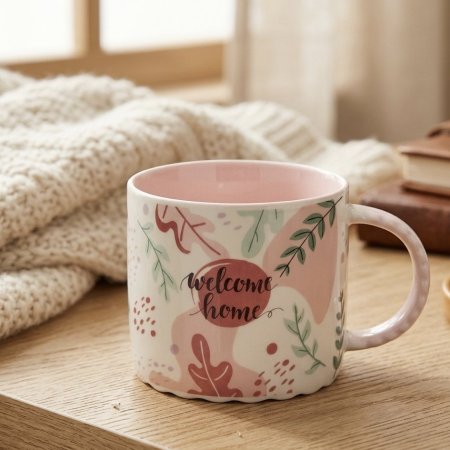 مج سيراميك مع عبارة Welcome Home ورسومات أوراق شجر ملونة