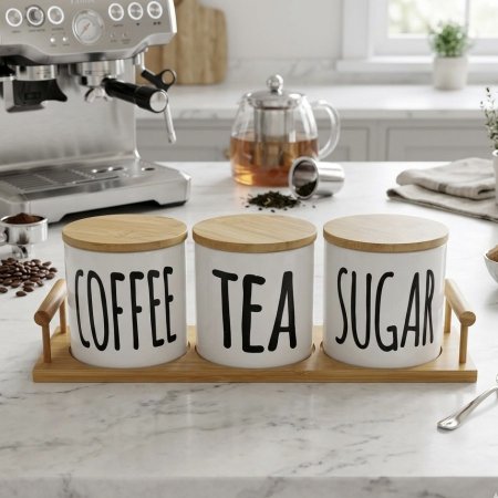 طقم ٣ علب تخزين بورسلان مع أغطية وقاعدة من خشب البامبو