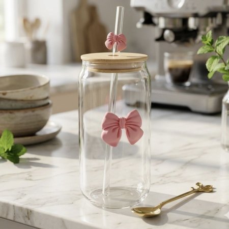 كوب زجاجي مع فيونكة وردية مع غطاء خشب بامبو ومصاصة زجاجية قابلة لإعادة الاستخدام