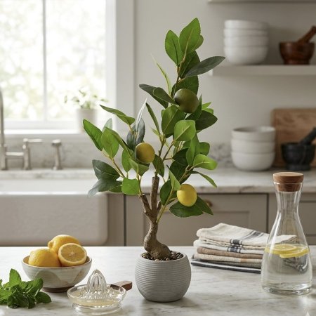 شجرة ليمون صناعية صغيرة مع وعاء أبيض