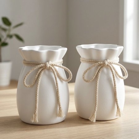 مزهرية بلاستيك بيضاء مزينة بحبل قطعتين