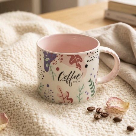 مج سيراميك مع عبارة Coffee Break ورسومات أوراق شجر ملونة