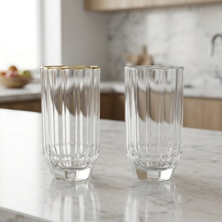 طقم كاسات زجاج شفاف طويل محزز