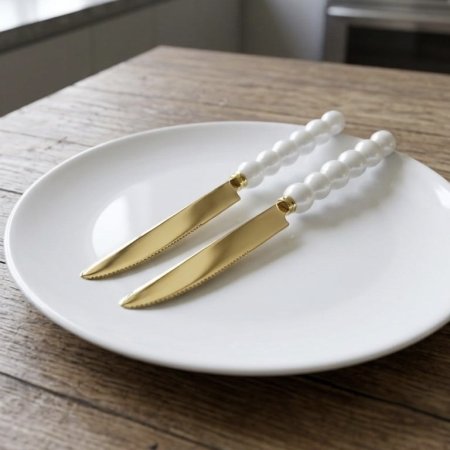 طقم سكاكين بشفرات ذهبية ستانلس ستيل مع يد بيضاء بتصميم اللؤلؤ 6 قطع