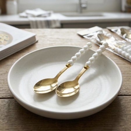 طقم معالق ذهبية ستانلس ستيل مع يد بيضاء بتصميم اللؤلؤ 6 قطع