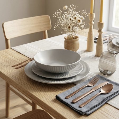 طقم صحون سفرة سيراميك حجري رمادي ١٨ قطعة