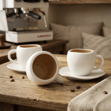 طقم فناجين قهوة وشاي ميلانو بورسلان أبيض بقلب بيج دافىء ١٢ قطعة