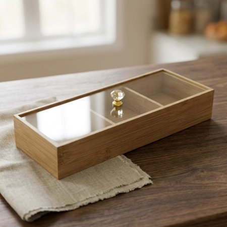 صندوق من خشب بامبو مقسم ٣ اقسام مع غطاء شفاف