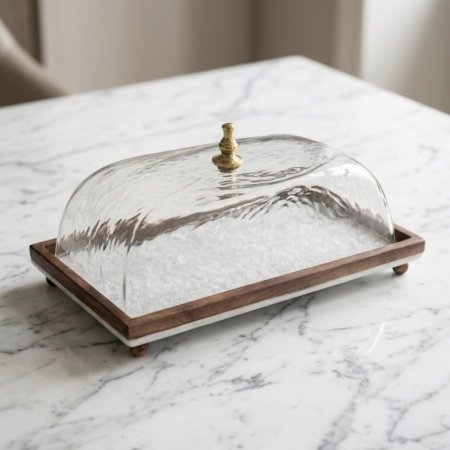 مضيفة تقديم رخام مع غطاء زجاجي وإطار خشب هندي