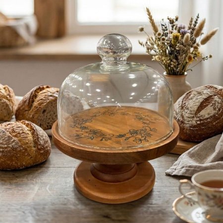 مضيفة تقديم دائرية خشبية مع قاعدة وغطاء زجاجي
