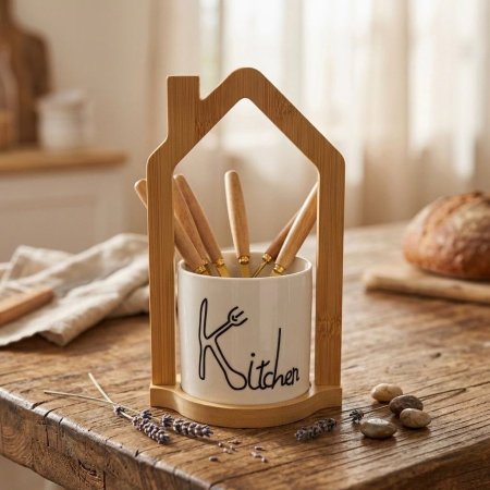 طقم ملاعق بستاند خشب بامبو ووعاء بورسلان