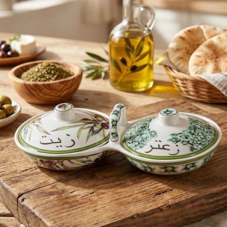 صحون تقديم خزفية تقليدية لتقديم الزيت وزعتر بلون أخضر