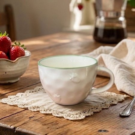 مج سيراميك ابيض بنقوش فراولة وحافة خضراء