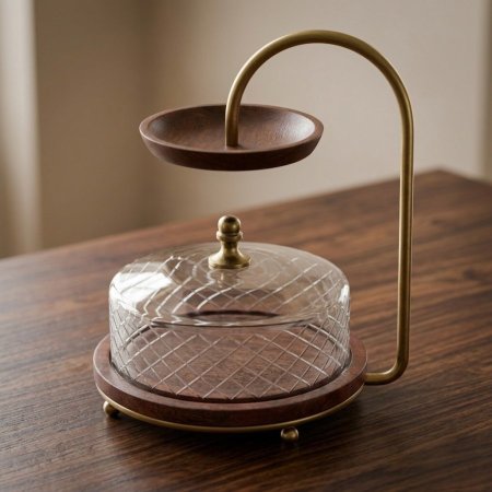 مضيفة مع غطاء زجاجي بيد معدنية مقوسة مع صحن خشب هندي