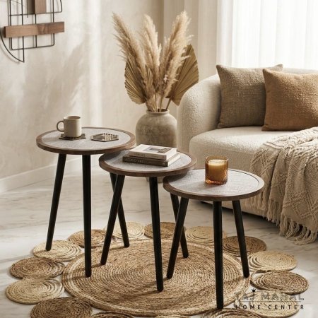 طقم اسكملات دائرية بسطح خشبي وارجل سوداء