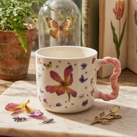 مج سيراميك ابيض برسوم زهور وفراشات مع يد باللون الوردي