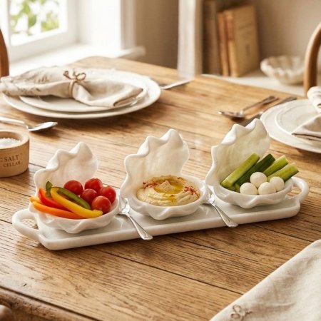 طقم تقديم اكريليك ثلاثة صحون على شكل صدفة على صينية بيضاء