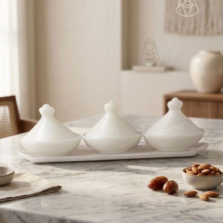 طقم صينية مع ثلاث طواجين تقديم صغيرة اكريليك ابيض
