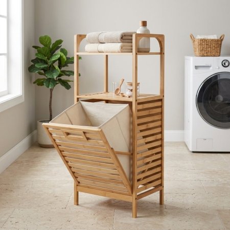 سلة غسيل من خشب البامبو الطبيعي مع رفوف تنظيم
