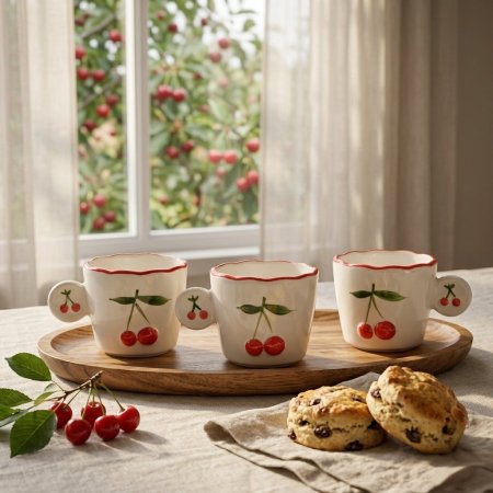 طقم مج بورسلان ابيض نقشة الكرزة