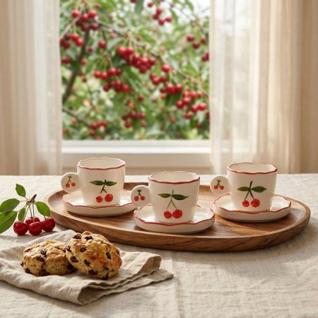 طقم فناجين شاي بورسلان ابيض نقشة الكرزة